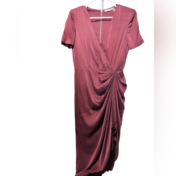 Alice + Olivia Burgundy Silk Draped Midi Dress Cocktail Wedding Guest Prom